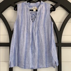 100% linen blue and white striped sleeveless top